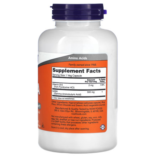 NOW Foods GABA 500mg Maisto Papildas 100 kapsulių