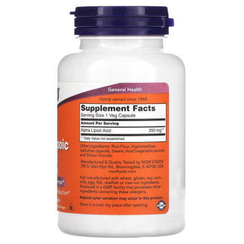 NOW Foods Alpha Lipoic Acid 250 mg Maisto papildas energijos kiekiui palaikyti 60 kapsulių