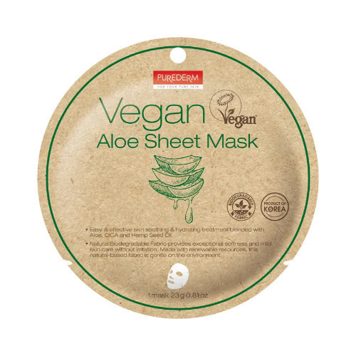Purederm Vegan Aloe Sheet Mask Veganiška lakštinė kaukė su alaviju 23g