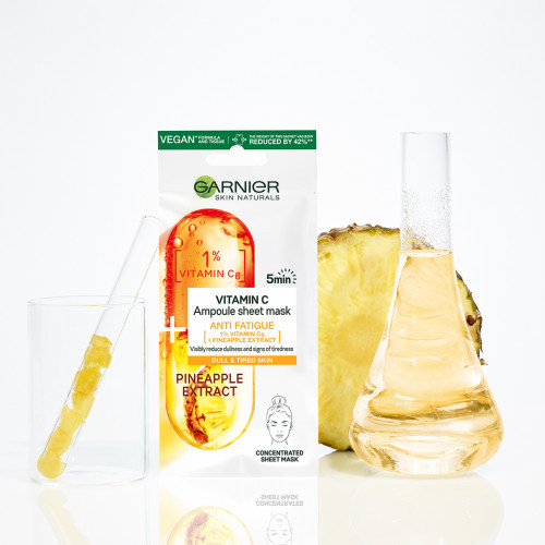 Garnier Vitamin C Ampoule Sheet Mask Ampulė-lakštinė kaukė nuo nuovargio požymių su vitaminu C ir ananasų ekstraktu 15g