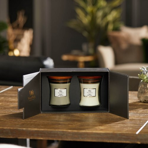 WoodWick Medium Core Fireside & Linen Gift Set Žvakės dovanų dėžutėje 2vnt