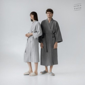 Linen Tales Light Grey Linen & Cotton Honeycomb Waffle Bathrobe Unisex Lininis vonios chalatas S-M