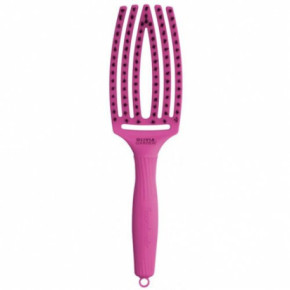 Olivia Garden Fingerbrush Think Pink Lenktas kiauryminis plaukų šepetys mišriais šereliais Bright Pink